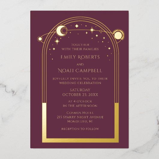 Mystical Plum Gold Sun Moon Astronomy Space Folie Uitnodiging (Voorkant)