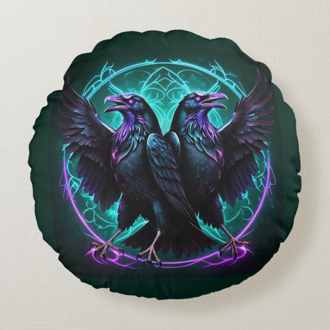 Mystical Ravens Donkergroen Rond Kussen (Voorkant)