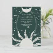 Mystical Silver en Green Sun Moon Wedding Kaart (Staand voorkant)