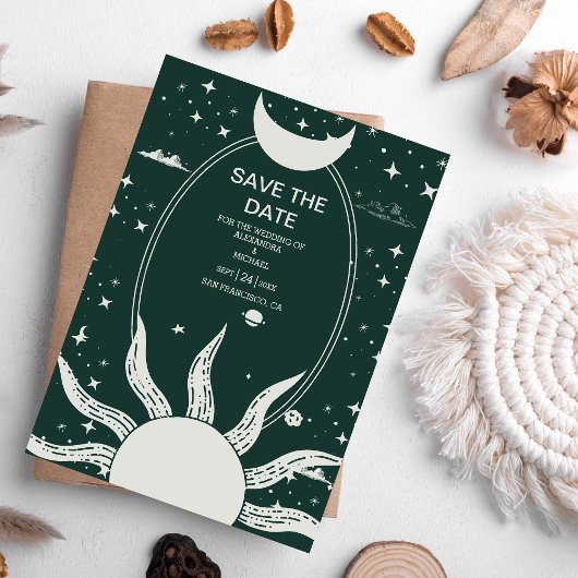 Mystical Silver en Green Sun Moon Wedding Save The Date
