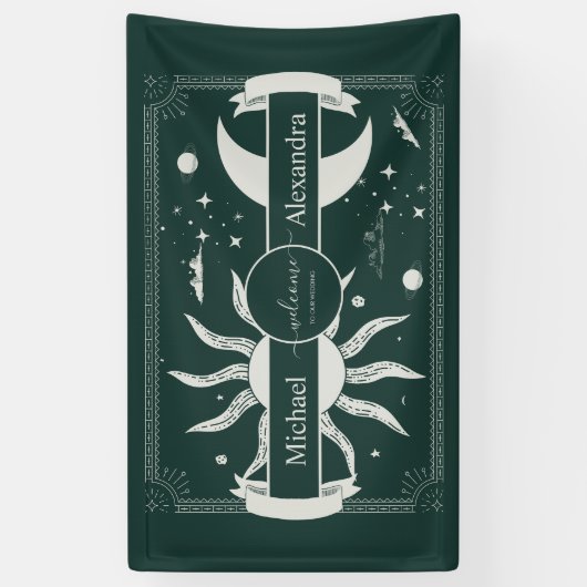 Mystical Silver en Green Sun Moon Wedding Spandoek (Verticaal)