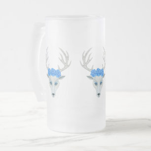 Mystical white Deer Head Antlers met blauw Roos Matglas Bierpul