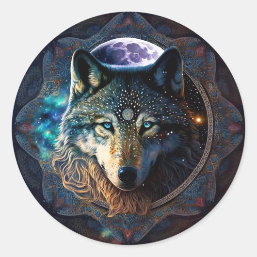 Mystical Wolf Moon Mandala Ronde Sticker (Voorkant)