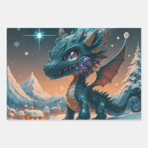 Mystiek Chibi Dragon Winterlandschap Inpakpapier Vel
