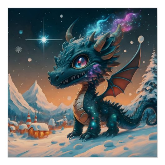 Mystiek Chibi Dragon Winterlandschap Perfect Poster (Voorkant)