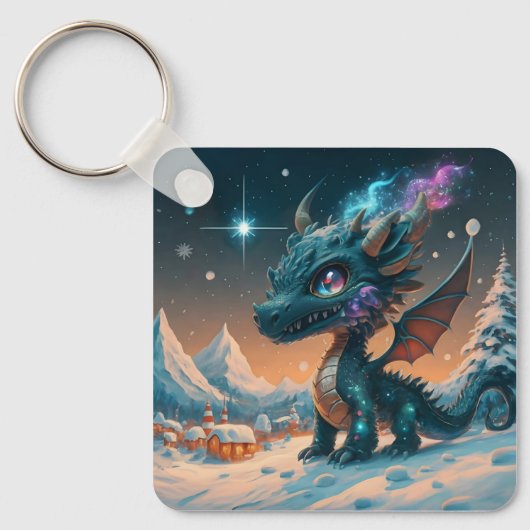 Mystiek Chibi Dragon Winterlandschap Sleutelhanger (Voorkant)