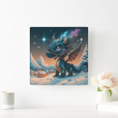 Mystiek Chibi Dragon Winterlandschap Vierkante Klok (Huis)