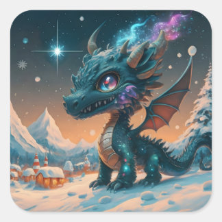 Mystiek Chibi Dragon Winterlandschap Vierkante Sticker