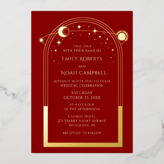 Mystiek Donker Rood Goud Hemelse Foto Bruiloft Folie Uitnodiging (Voorkant)