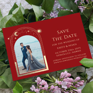 Mystiek Donkerrood Goud Zon Maan Star Space Save The Date