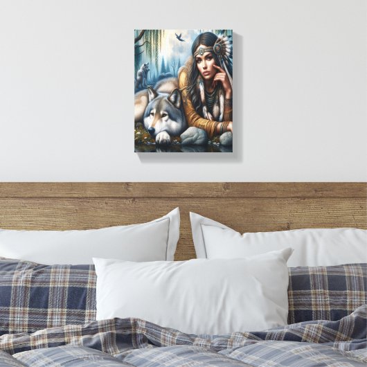 Mystiek Een indiaanse vrouw met wolven 10x8 Canvas Afdruk (Insitu (Slaapkamer))