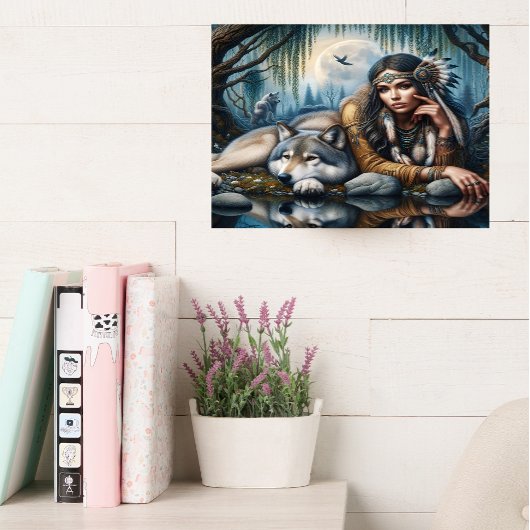 Mystiek Een indiaanse vrouw met wolven 16x12 Canvas Afdruk