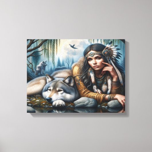 Mystiek Een indiaanse vrouw met wolven 16x12 Canvas Afdruk (Voorkant)