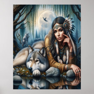 Mystiek Een indiaanse vrouw met wolven 16x20 Poster