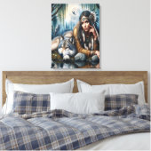 Mystiek Een indiaanse vrouw met wolven 18x24 Canvas Afdruk (Insitu (Slaapkamer))
