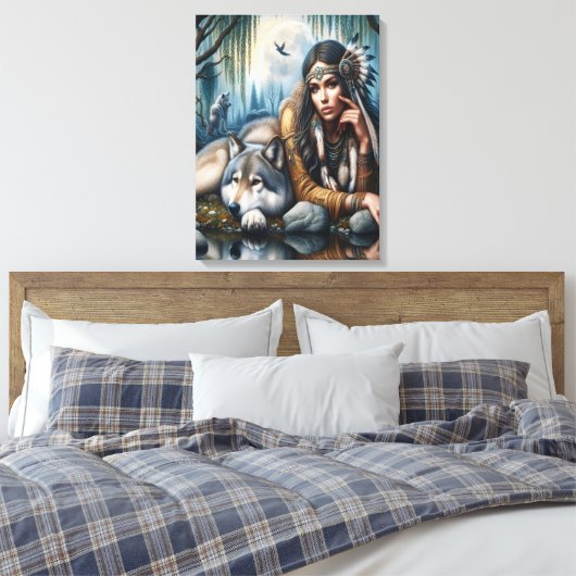 Mystiek Een indiaanse vrouw met wolven 18x24 Canvas Afdruk (Insitu (Slaapkamer))
