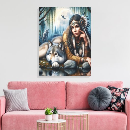 Mystiek Een indiaanse vrouw met wolven 18x24 Canvas Afdruk (Insitu (Woonkamer))