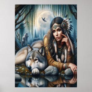 Mystiek Een indiaanse vrouw met wolven 18x24 Poster