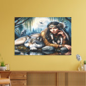 Mystiek Een indiaanse vrouw met wolven 36x24 Canvas Afdruk (Insitu (Woonkamer))