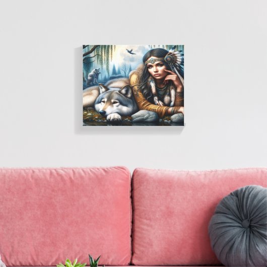 Mystiek Een indiaanse vrouw met wolven 8x10 Canvas Afdruk (Insitu (Woonkamer))