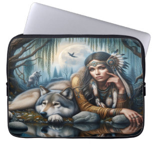 Mystiek Een indiaanse vrouw met wolven Laptop Sleeve