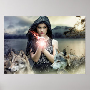 Mystiek gotisch meisje met wolven en Magisch Licht Poster