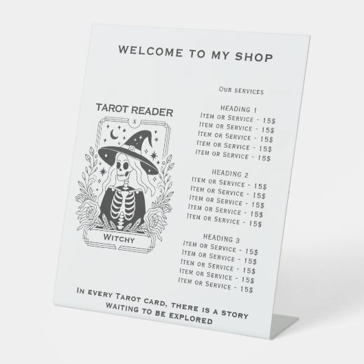 Mystiek gotisch zwart-wit heks tarotontwerp reclamebord met voetstuk (Voorkant)
