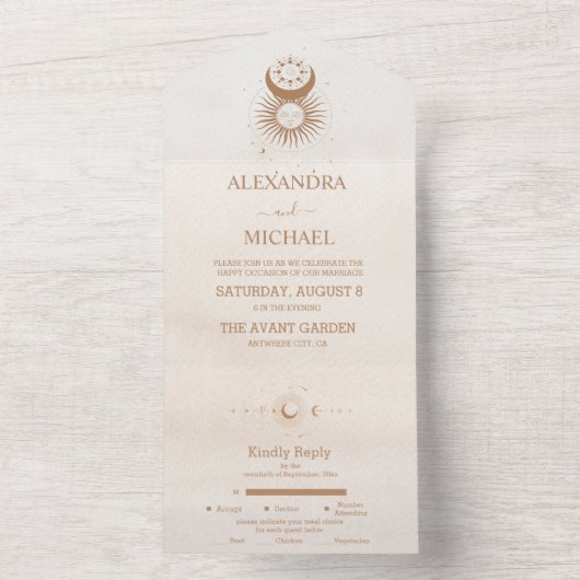 Mystiek Goud Hemelse Sterren Bruiloft All In One Uitnodiging (Binnen)