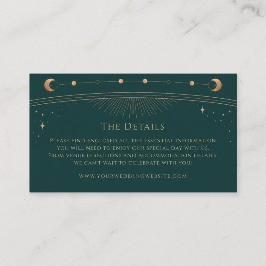 Mystiek Groen Goud Bruiloft Details Zon Maan Ster Informatiekaartje (Voorkant)