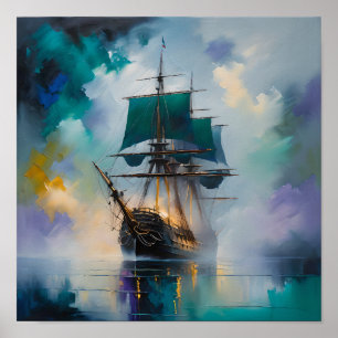 Mystiek hoog schip in mist – dromerige nautische s poster