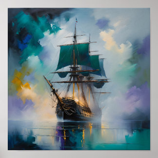 Mystiek hoog schip in mist – dromerige nautische s poster