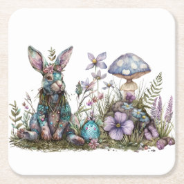Mystiek konijn met paddenstoelen vierkante kartonnen onderzetter