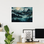 Mystiek landschap: Moonlit bergen, Mist, Rivier Poster (Thuiskantoor)
