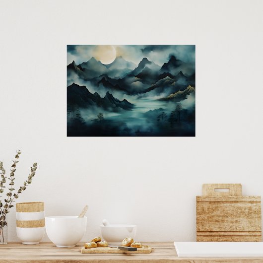 Mystiek landschap: Moonlit bergen, Mist, Rivier Poster (Keuken)