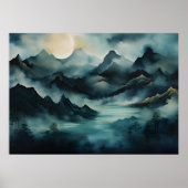 Mystiek landschap: Moonlit bergen, Mist, Rivier Poster (Voorkant)