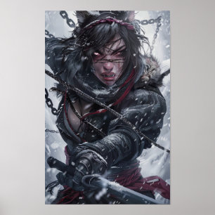 Mystiek Meisje Ninja Met Tijgertanden Vechten In C Poster