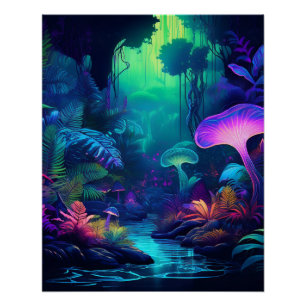 Mystiek neon bos met gloeiende paddenstoelen perfect poster
