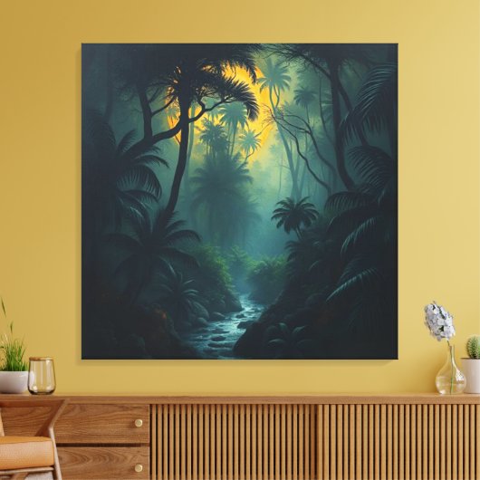 Mystiek Oerwoud bij zonsondergang Canvas Afdruk (Insitu (Woonkamer))