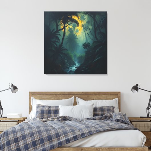 Mystiek Oerwoud bij zonsondergang Canvas Afdruk (Insitu (Slaapkamer))