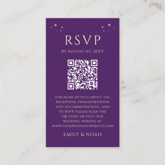 Mystiek Paarse Gouden Begroting QR Code RSVP Foto Informatiekaartje (Voorkant)