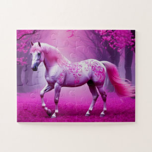 Mystiek roze paard in een fantasiebos legpuzzel