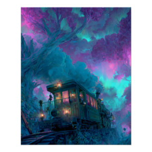 Mystiek Trein Bos Paars Turquoise Fantasie Kunst Perfect Poster