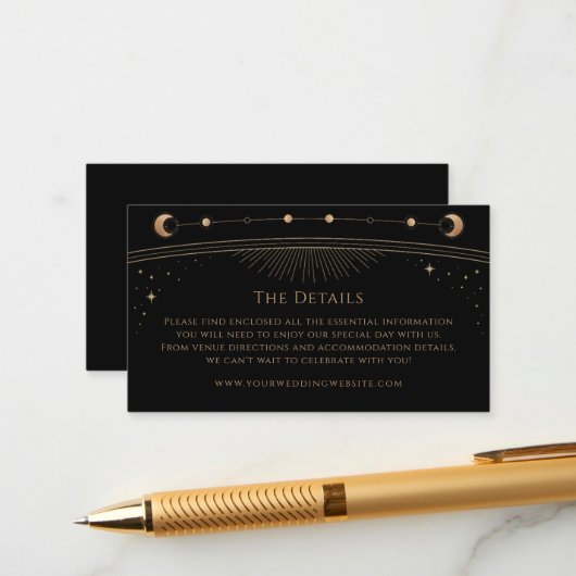 Mystiek Zwart Goud Bruiloft Details Zon Maan Sterr Informatiekaartje (Voorkant / Achterkant in situ)