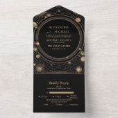 Mystiek Zwart Goud Celestial Galaxy Bruiloft All In One Uitnodiging (Binnen)