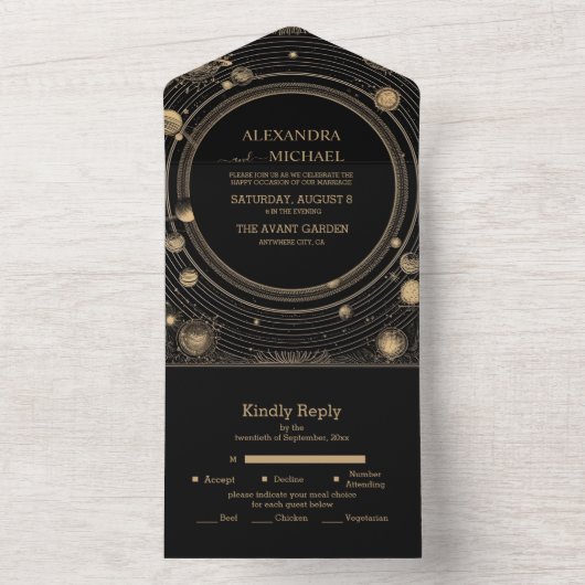 Mystiek Zwart Goud Celestial Galaxy Bruiloft All In One Uitnodiging (Binnen)