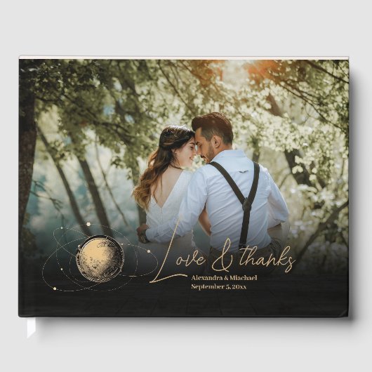 Mystiek Zwart Goud Celestial Galaxy Bruiloft Gastenboek (Voorkant)