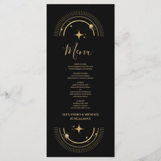 Mystiek Zwart Goud Celestial Galaxy Bruiloft Menu (Voorkant)