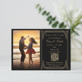 Mystiek Zwart Goud QR Code Foto Opslaan De Datum Aankondiging (Staand voorkant)