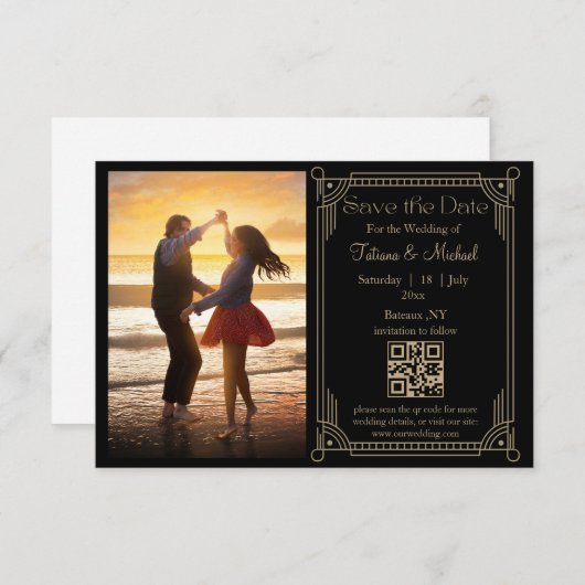 Mystiek Zwart Goud QR Code Foto Opslaan De Datum Aankondiging (Voorkant / Achterkant)