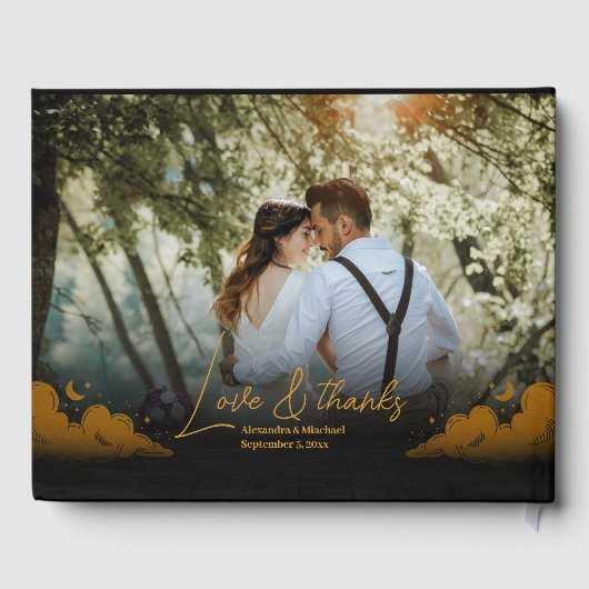 Mystiek Zwart Goud Wolken Maan Bruiloft Gastenboek (Achterkant)